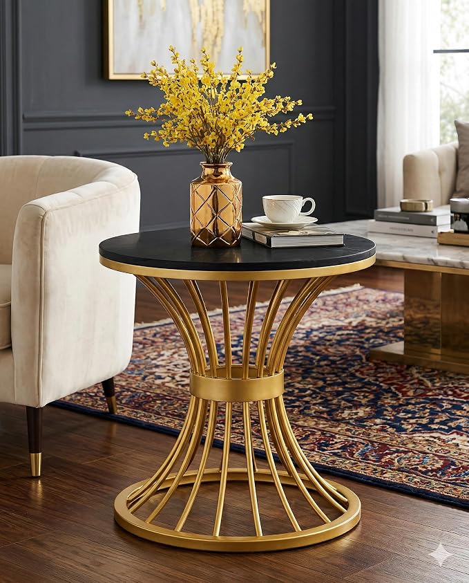 Furniture Cafe Modern Coffee Table for Living Room Center Table Home Decor Round Side Table Space Saving Furniture, Table Top Sturdy Metal Frame Wood Desk Centerpiece Bedroom (Golden/Black)