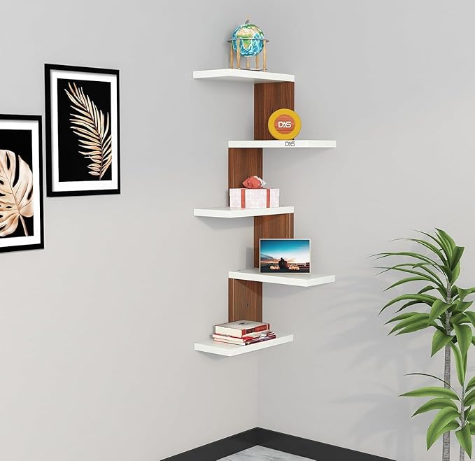 Furniture Café Modern Wooden Corner Wall Shelf with 5 Tiers  -  Space-Saving Display Rack for Living Room, Bedroom, or Office