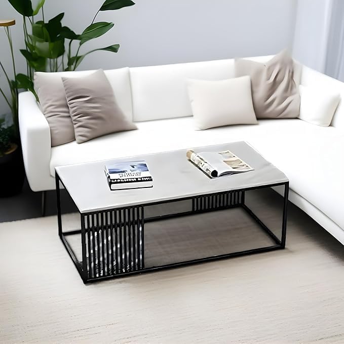 Furniture Café Modern Rectangular Coffee Table with White Marble Top and Gold Metal Frame  -  Contemporary Center Table for Living Room (Black & White)