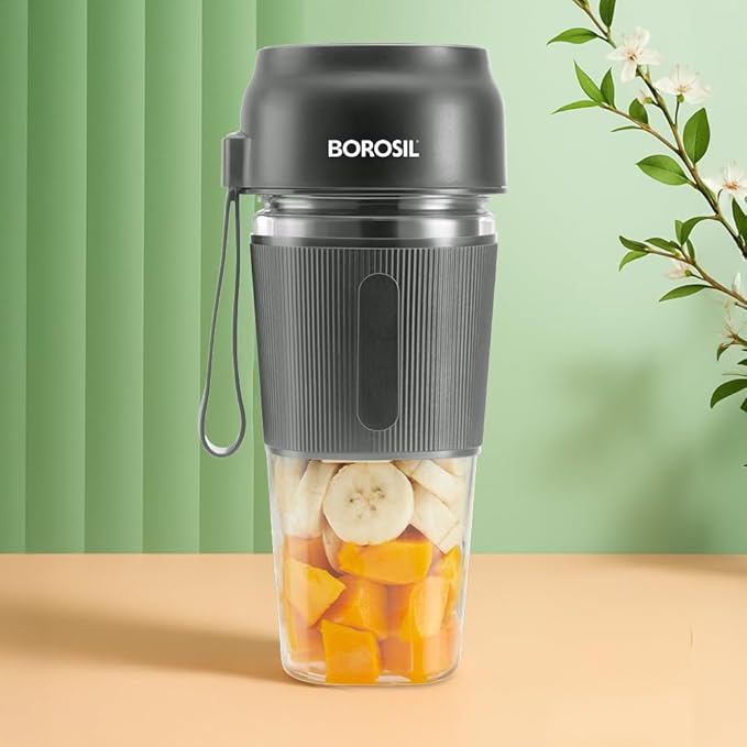 Borosil NutriGrip Grey Portable Blender | 40W Low-Noise DC Motor | 300ml Unbreakable PC Jar | USB Rechargeable | Turbo 6 Blade Action | Smoothies, Shakes, Soft Fruit, Protein Mix | 1 Year Warranty
