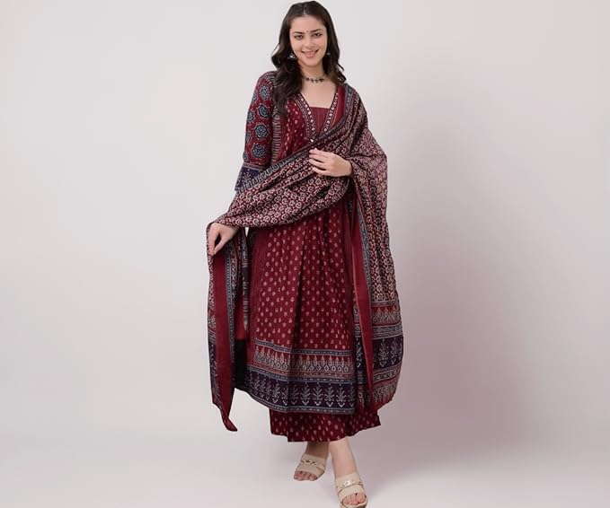 KLOSIA Women's Rayon Printed Anarkali Kurta and Pant with Dupatta Set