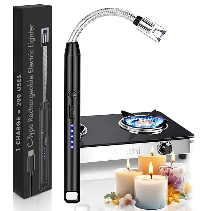 Electric Arc Lighter for Kitchen | USB Rechargeable with Flexible Long Neck | Windproof, Flameless & Safe for Candles, Gas Stoves, Grills, BBQ | 200 Uses per Charge | C-Type Charging