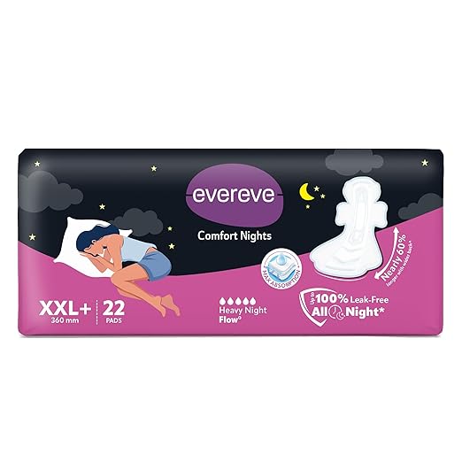 Evereve Comfort Nights Sanitary Pads XXL+ 360mm, 22 Pads, 60% Longer with Wider back For All Night Care, Heavy Night Flow Absorption, Up to 100% Leak Protection, Rash-Free Breathable Comfort
