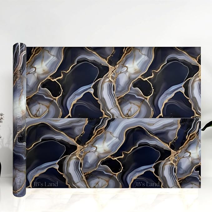 Premium Navy Blue & Golden Line Marble Peel-and-Stick Wallpaper | Anti-Scratch, Moisture-Proof, Washable, Easy DIY for Kitchen, Bathroom & Home Decor