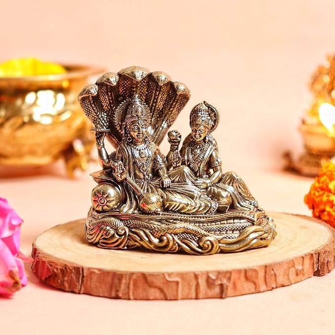 The Spiritual Living Brass Small Vishnu Laxmi Idol | 2 Inch | Statue | Murti | Sheshnag Vishnu Murti | Lakshmi Idol | Laxmi Narayan On Sheshnag |