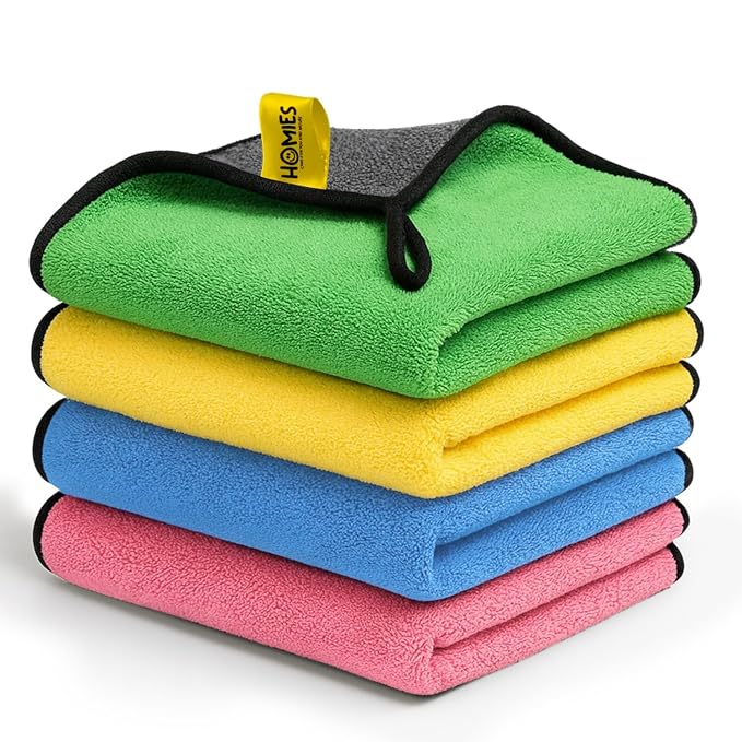 Homies 500 GSM Microfiber Cleaning Cloth for Car, Bike & Home (4 pcs - 40x40 cms)  -  Super Absorbent, Lint-Free, Scratch-Free Wash, Dry & Detailing Towel- Multi-Color