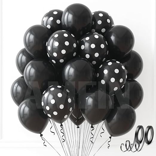 AMFIN (Pack of 25) Polka Dot Black & Solid Latex Black Party Balloons  -  Birthday Wedding, Baby Shower, Anniversary, Graduation, Halloween, New Year Decorations