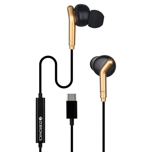 ZEBRONICS Type-C Wired Earphones, in-Line MIC, Deep Bass, 1.2m Cable, 10mm Neodymium Driver, Light Weight, in-Ear Design, Compatible with Mobile, Tablet, Laptop (Black + Gold)