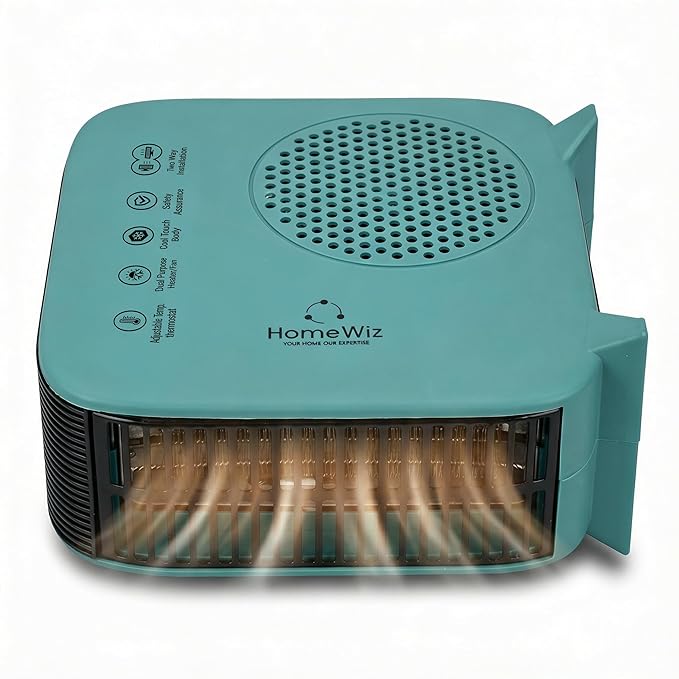 HomeWiz 1500W Room Heater Blower with Dual Heat Control (750W/1500W) | Fan Heater for Bedroom & Room | Vertical & Horizontal Use | BIS Certified, 6A Plug | Made in India | 1-Year Warranty | Teal Green