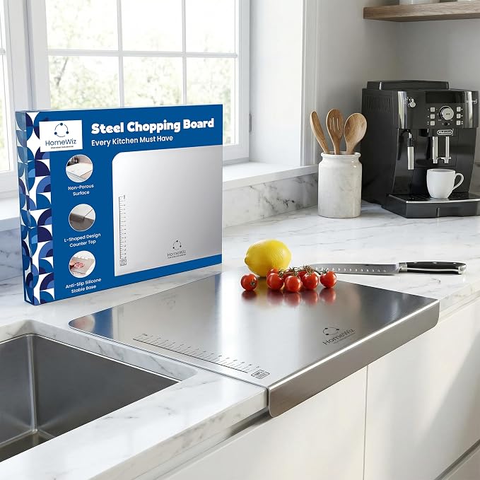 HomeWiz Large Steel Chopping Board for Kitchen - 100% Stainless Steel Cutting Board | Heavy Duty Chopping Board | Non-Porous Hygienic Surface for Vegetables, Meat & Fish, Rust-Resistant | 41 x 31 cm
