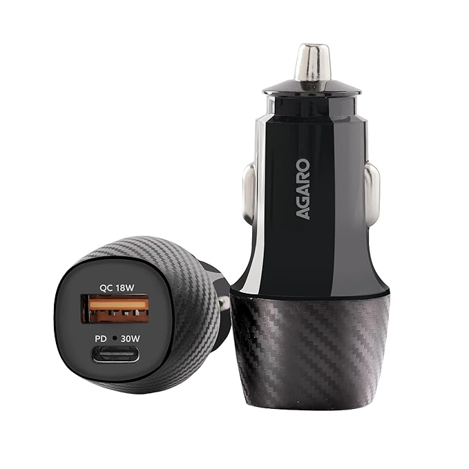 AGARO Pulse Car Charger, Dual Port with 51W Fast Car Charger with Dual Output (33W Pd Type C Port + 18W USB A Port), Fast Charging, for Smartphones, iPhones, Tablets, Earbuds & More  -  Black