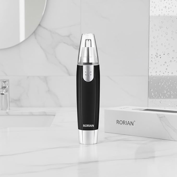 RORIAN 3-in-1 Nose, Ear & Eyebrow Hair Trimmer for Men & Women  -  Waterproof, Painless Facial Hair Remover with Dual-Edge Blades  -  Compact, Battery-Operated Grooming Tool (Black)