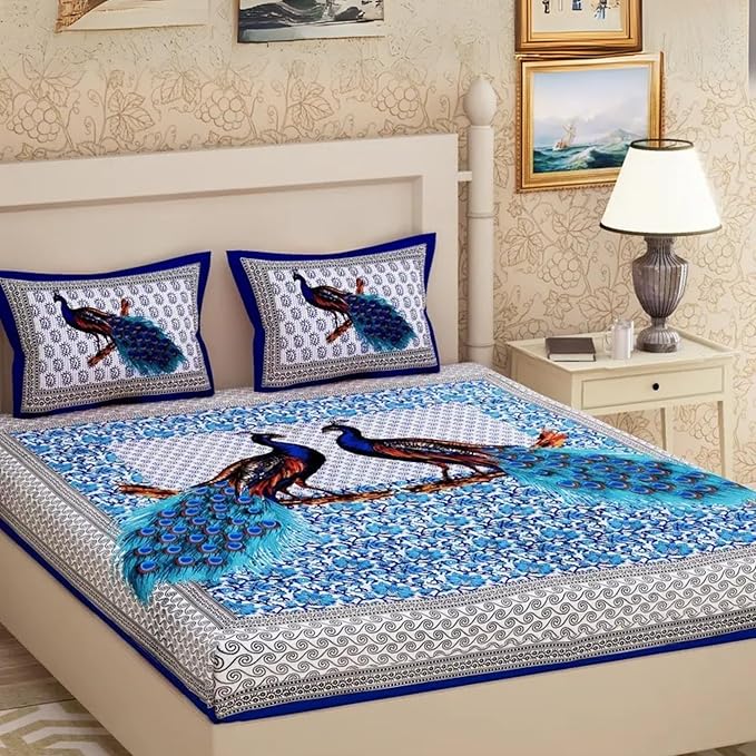 Poorak Cotton Bedsheet (Blue, Double, Peacock Print)  -  Elegant Peacock Design, Durable Cotton, Soft Feel for Comfortable Sleep