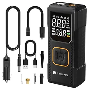 Portronics Vayu 9.0 Portable & Rechargeable Tyre Inflator with 2-in-1 Cordless & Corded Modes, 3×2000 mAh Battery, LED Display, Auto Shut-Off, Type-C Fast Charging,150 PSI for Car, Bike & Sports Balls