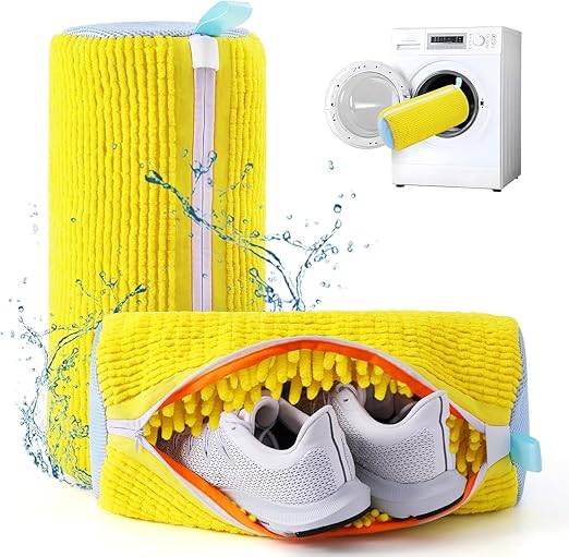 SHITHI Shoe Washing Machine Bag for Sneakers & Trainers | Polyester Laundry Bag with Side Zipper | 360° Cleaning Shoe Laundry Organizer for Delicates, Toys & Washer Dryer Use (Yellow)