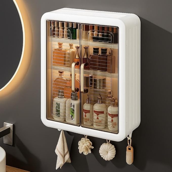 E-COSMOS® SmartSpace 3-Layer No-Drill Storage Organizer  -  Stylish Kitchen Spice Rack/Organiser with Doors/Durable Space-Saving Storage/Kitchen Spice Rack/Multipurpose Fridge (White)