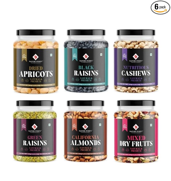 Nature Purify Dried Fruits Combo 1.5 kg (Almond, Cashew, Apricot, Raisins, Black Raisins,& Mixed Nuts) - gift pack