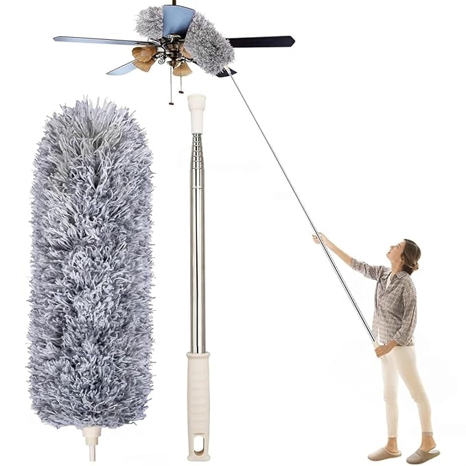 RAIQEE Microfiber Feather Duster Bendable & Extendable Fan Cleaning Duster with 100 inches Expandable Pole Handle Washable Duster for High Ceiling Fans,Window Blinds, Furniture (Standard)