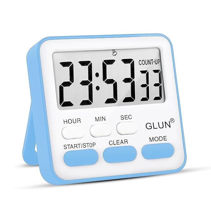 GLUN® Digital Kitchen Timer with Clear Loud Alarm for Cooking, Stop Watches Timer Clock with Alarm & Magnetic Back, LCD Backlit Display, Classroom Timer for Kids & Teachers Blue Back (Random Color)