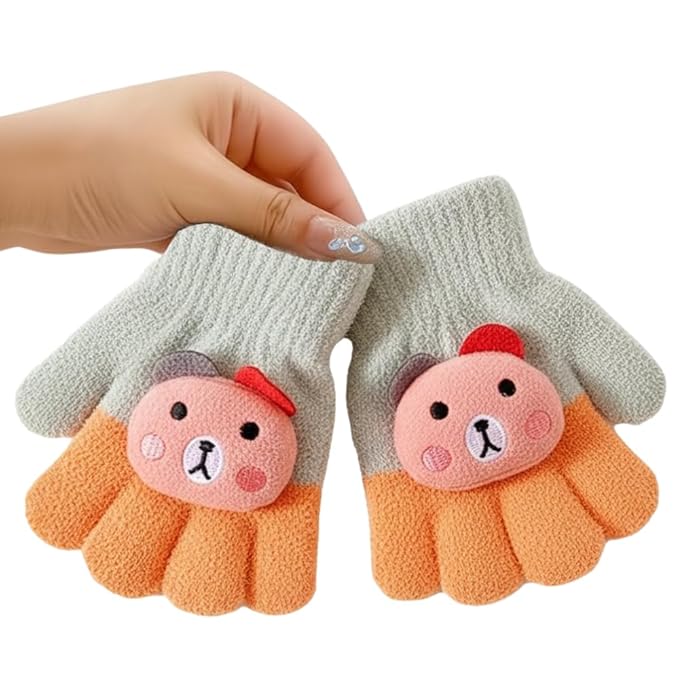 Baby Winter Gloves for 1-7 Years | Cute Teddy Bear Design Full Finger Knitted Hand Gloves | Warm, Windproof, Flexible, Gift for Kids