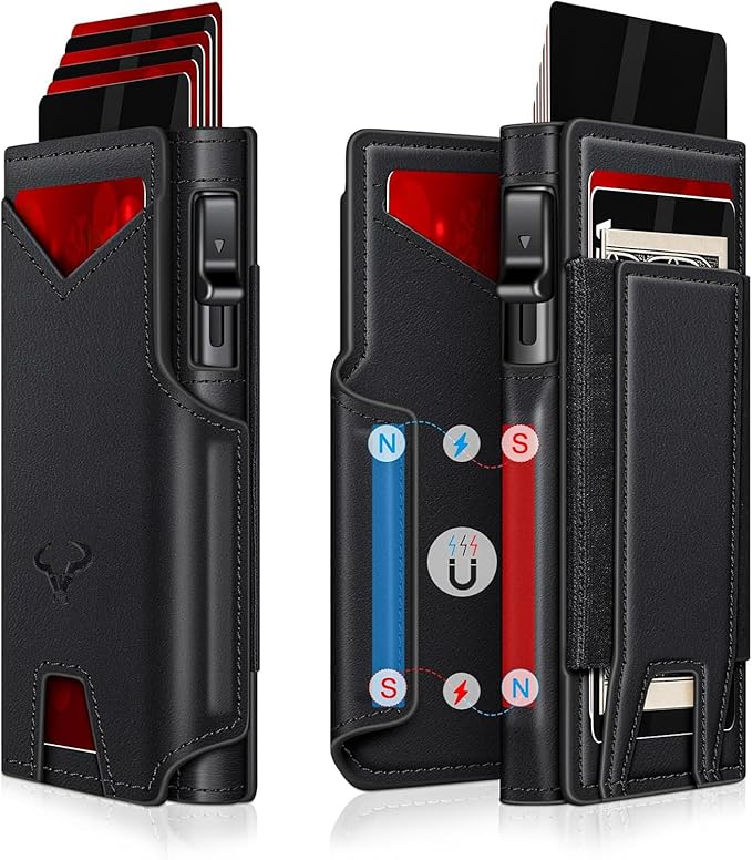 VOGARD Smart Pop-Up Leather Wallet for Men & Women | RFID Blocking Card Holder with Money Clip | Slim Magnetic Bifold Wallet with Quick Access Button  -  Holds 14 Cards & Cash (Black)
