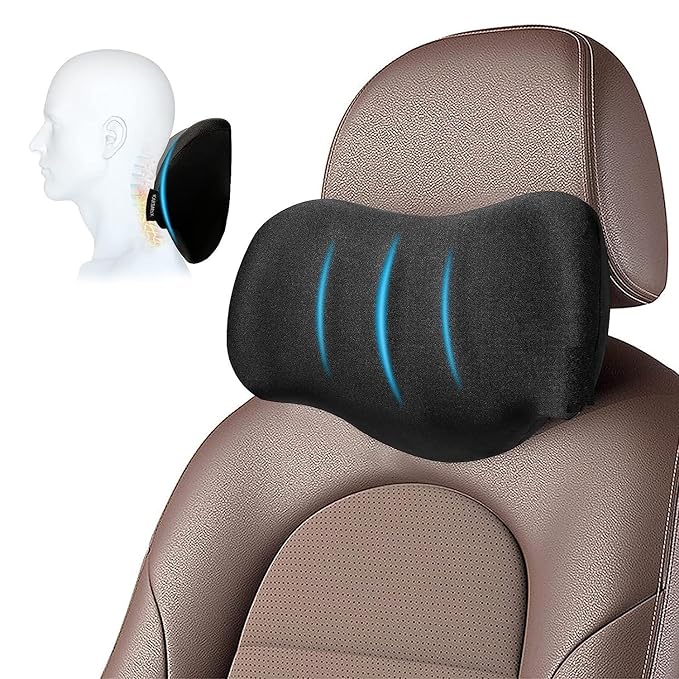MASHUR FAB Memory Foam Neck Support Pillow for Car & Office Chair | Orthopedic Headrest Cushion for Cervical Pain Relief & Spine Alignment  -  Ergonomic Black