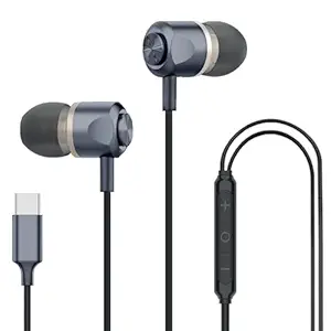 Kratos Tune V7 C Type Earphones Wired, Deep Bass Drivers Earphone, Inline Control Type c Headphones with Mic, Comfort Fit Type c Earphone with Volume Control,Metallic C pin Earphones (Grey)