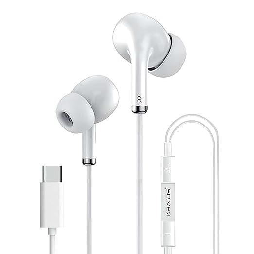 Kratos Tune V5 C Type Earphones Wired, 13mm Bass Drivers Earphone, Inline Control Type c Headphones with Mic, Sweat Resistant, Comfort Fit Type c Earphone with Volume Control,Metallic c pin Earphones