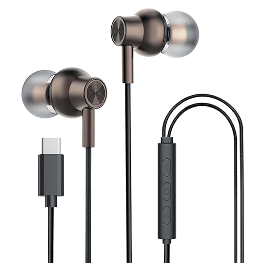 Kratos Tune V6 C Type Earphones Wired, 13mm Bass Drivers Earphone, Inline Control Type c Headphones with Mic, Comfort Fit Type c Earphone with Volume Control,Metallic C pin Earphones (Brown)