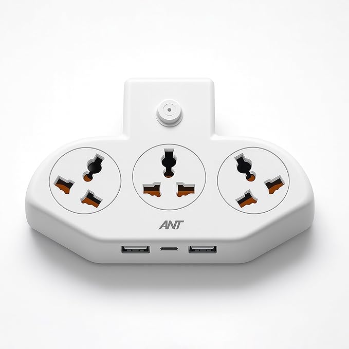 Ant Stinger 321 Multi Socket Power Strip | Extension Board| Surge Protector |3 AC Sockets + 2 USB (2.1A) + 1 Fast Type-C | 2500W / 10A |One Key Switch|Overload & Child Safety Protection  -  White