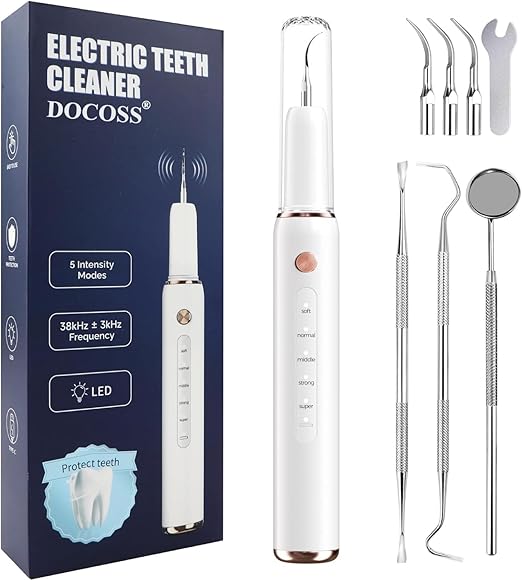 Docoss Electric Teeth Whitening Kit  -  Instant Teeth Stain Remover, Teeth Tartar Plaque Remover with 5 Adjustable Mode & 3 Replacement Head, Tooth Cleaning Kit with LED for a Brighter Smile