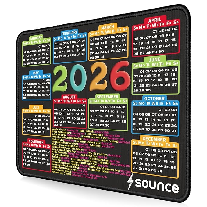 Sounce Mouse Pad 9.6x7.9x0.1 inch, Ultra-Smooth Tracking Surface for PC & Laptop, Durable Stitched Edges, Non-Slip Rubber Base, Washable Computer Mat, Anti-Fraying Design (2026 Calendar) Black