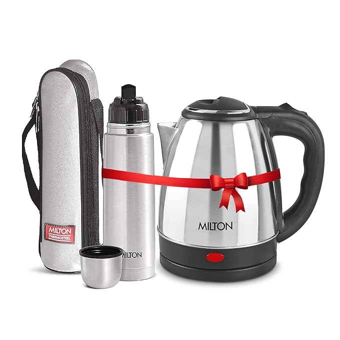 Milton Go Electro Stainless Steel Electric Kettle 1500+Flip Lid 750 Thermosteel Bottle, Super Fast Boiling with 3X Protection Kettle-Overheat, Dry Boil Protection, Leak Proof, Vacuum Insulated, Silver