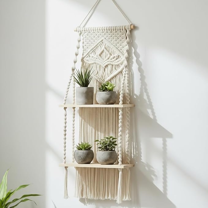 Decazone Macrame Indoor Wall Hanging Shelf Chic Decor Wood Floating Boho Shelves with Wooden Dowel Hand Woven Bohemian Decor for Apartment Dorm Bedroom Living Room Nursery Beige (2 Tier)
