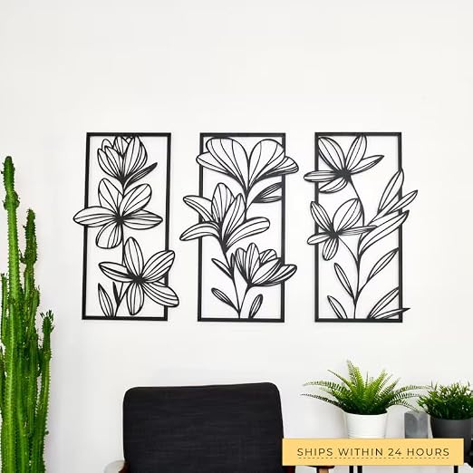 Set of 3 Black Floral woodan Metal Wall Art  -  30x18cm Each  -  Modern Botanical Decor for Bedroom, Dining Room, Hallway or Office  -  Great Gift