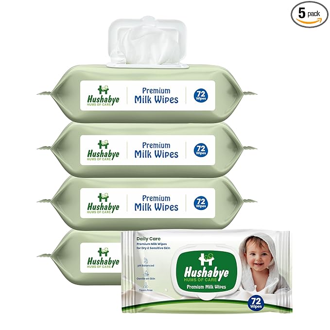 Hushabye Premium Milk Baby Wipes with lid- 0+ Months, pH balanced, Paraben & Alcohol Free, Moisturising & Thick Wipes with purified Water, Gentle & soothing, 360pcs, Pack of 5