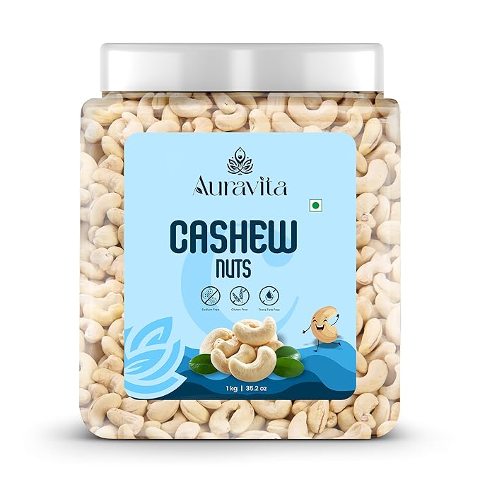 Auravita Premium Whole Cashews 1kg | Natural and Unsalted Kaju Ideal for Dieting, Snacking, Cooking, and Baking | Protein Rich Kajau Dry Fruits Perfect for Gifting