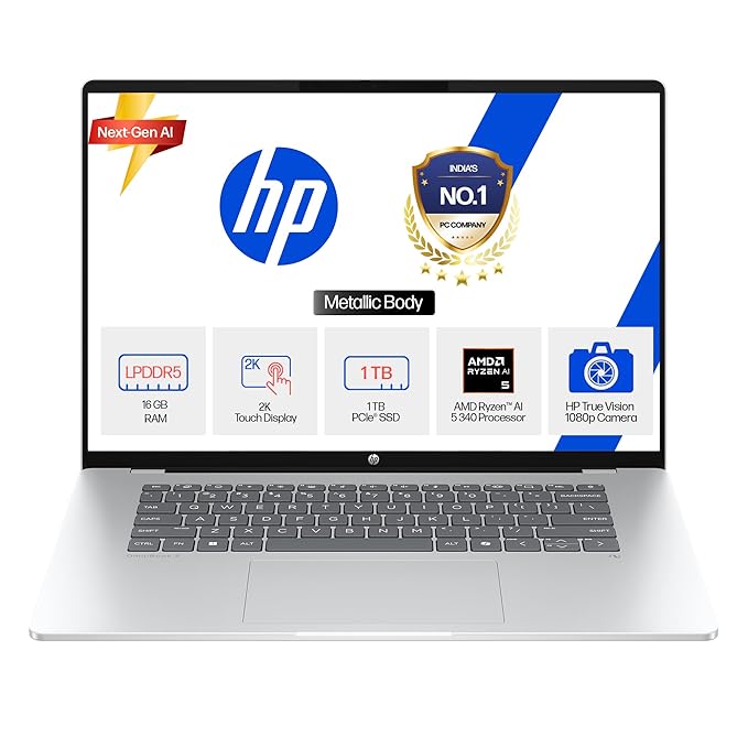 HP Omnibook 5, AMD Ryzen AI 5 340 (16GB LPDDR5x, 1TB SSD), 2k (1920 x 1200), Touch, Anti-Glare, 16''/40.6cm, Win11, M365* Office24, Silver, 1.79kg, ag1045au, FHD Camera, Backlit Laptop