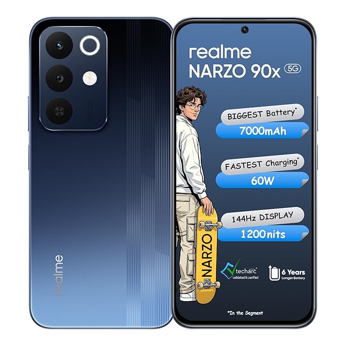 realme NARZO 90x 5G (Nitro Blue,6GB+128GB) | 7000mAh + 60W Biggest Battery & Fastest Charging in The Segment* | 144Hz Bright Display | Sony 50MP AI Rear Camera | AI Assist | 400% Ultra Boom Speaker
