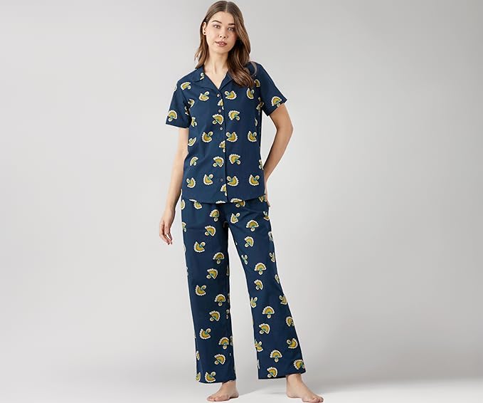 Amazon Brand - Myx Women Cotton Shirt and Relaxed Pajama Set | Night Suit Set (Available in Plus Sizes)