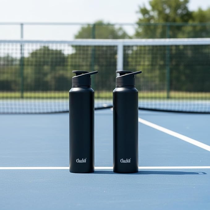 Clazkit Amaze Sporty Stainless Steel Black Matte Finish Water Bottle Set of 2|ISI Certified Leakproof, Rust-Free, BPA-Free, Durable for Fridge, Sports,Gym,Yoga & Office - Easy to Clean & Reusable-1000ml
