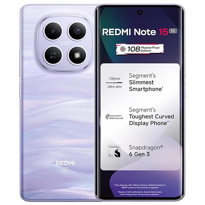 REDMI Note 15 5G (Mist Purple, 8GB RAM 128GB Storage) | 108MP OIS Camera | Snapdragon 6 Gen 3 | 17.2cm Tough Curved AMOLED Screen | Segment's Slimmest Phone | 5520mAh Si/C Battery | 45W Fast Charging