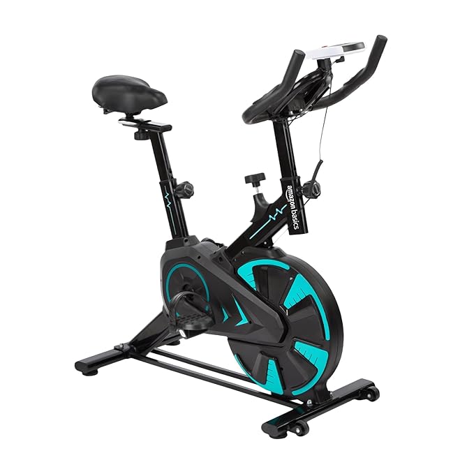 Amazon Basics Spin Exercise Bike for Home & Gym | 120KG Load Capacity | Adjustable Resistance, Silent Belt Drive, Comfortable Seat Cushion | Alloy Steel | for Cardio, Cross-Training | Black