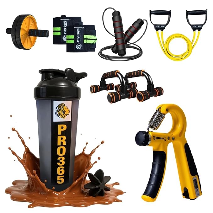 PRO365 Home Workout Equipment Kit, Ab Roller Wheel, Wrist Wraps, Jump Rope, Resistance Band, Push Up Bars, Hand Gripper, Shaker Bottle, 7-Piece Fitness Set