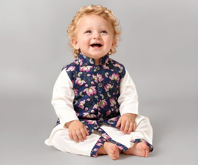 A.T.U.N. (ALL THINGS UBER NICE) Baby Boys Pure Cotton Ethnic Kurta Pyjama Set with Printed Nehru Jacket | Traditional Indian Festive Clothing Set for Infants | Elegant Wedding Celebration Outfit