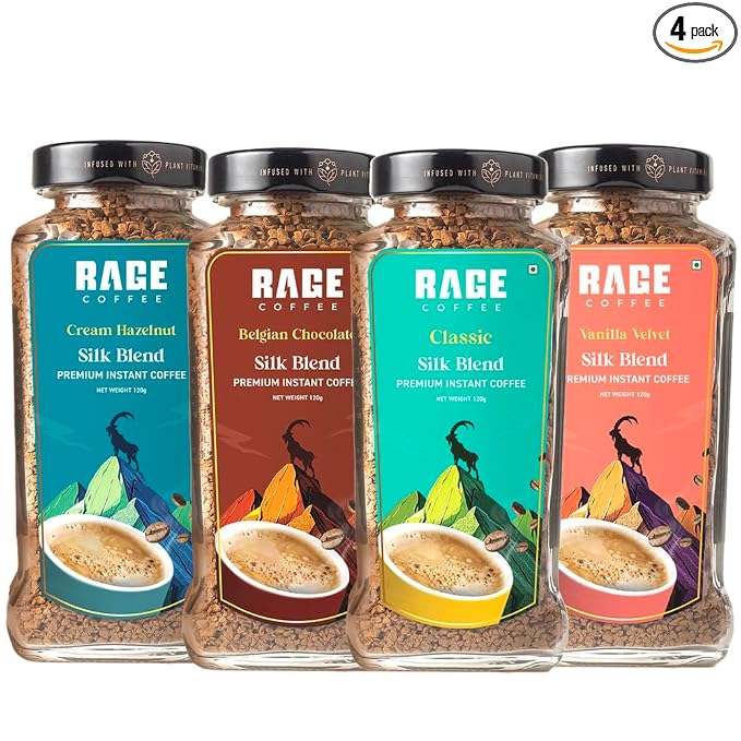 Rage Coffee Silk Blend Instant Coffee Combo Pack of 4 | Classic, Belgian Chocolate, Creamy Hazelnut & Vanilla Velvet | Premium Bold & Smooth Flavors | 120g Each Jar | 100% Arabica | Hot & Cold Brew - 480g
