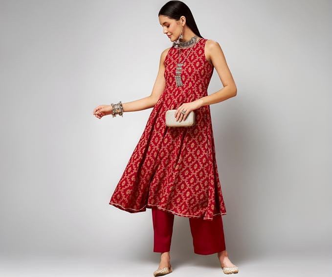 Shae by Sassafras Women's Printed Rayon A-Line Kurta | Sleeveless Round Neck Calf Length Flared Ethnic Kurti