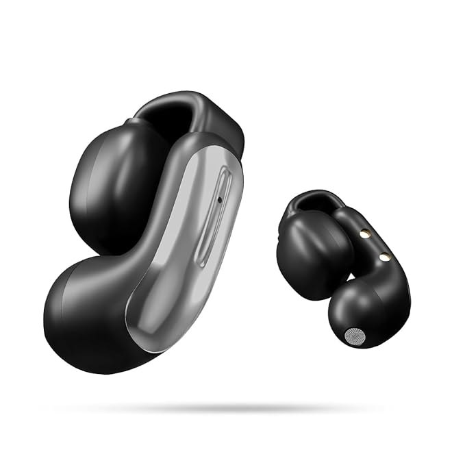 pTron Bassbuds Vortex Clips Wireless Open Ear Earbuds w/Chrome Finish, SafeBeats Tech, 50Hrs Playtime, Dual HD Mic w/AI-ENC, 10mm Driver, Pristine Sound, BTv5.4 Earclips, Type C Charging (Obsidian)