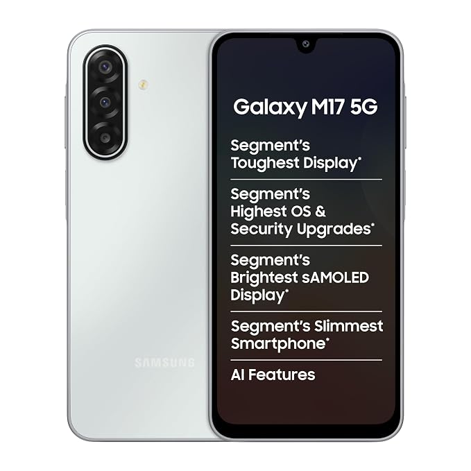 Samsung Galaxy M17 5G Mobile (Moonlight Silver, 6GB RAM, 128GB Storage) | 50MP OIS Triple Camera | Super AMOLED Display | Gorilla Glass Victus | 6 Gen OS Upgrades | Knox Security | AI