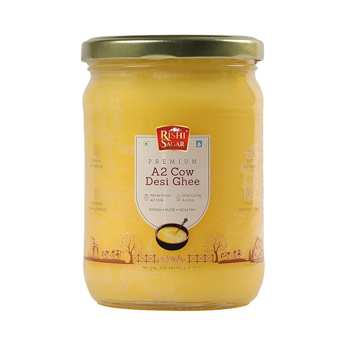 Rishi Sagar ghee a2 desi cow ghee Bilona Method 500 ML Glass | Keto & Gut Friendly Everyday use | Immunity Booster A2 Cow Ghee